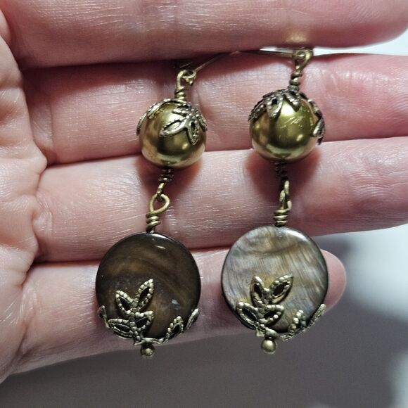 Gold Tone Dangling Green And Brown Beaded Earrings - Picture 1 of 8